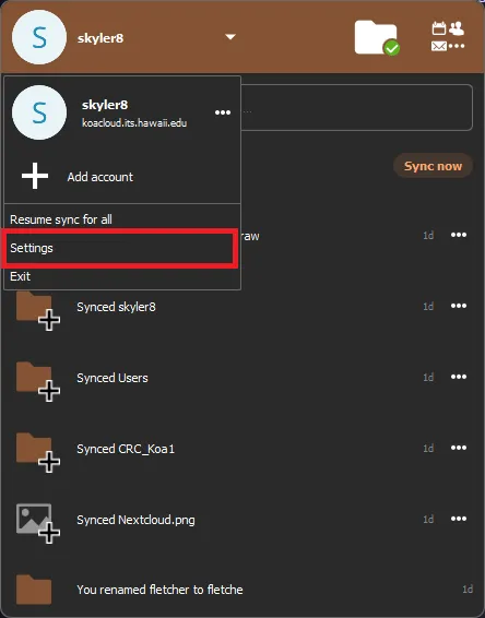 Settings Dropdown