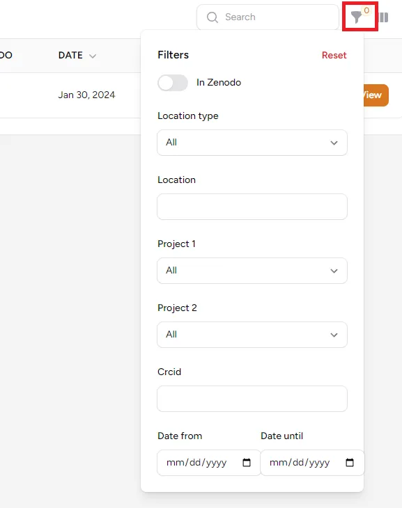 Record Table Filter Menu