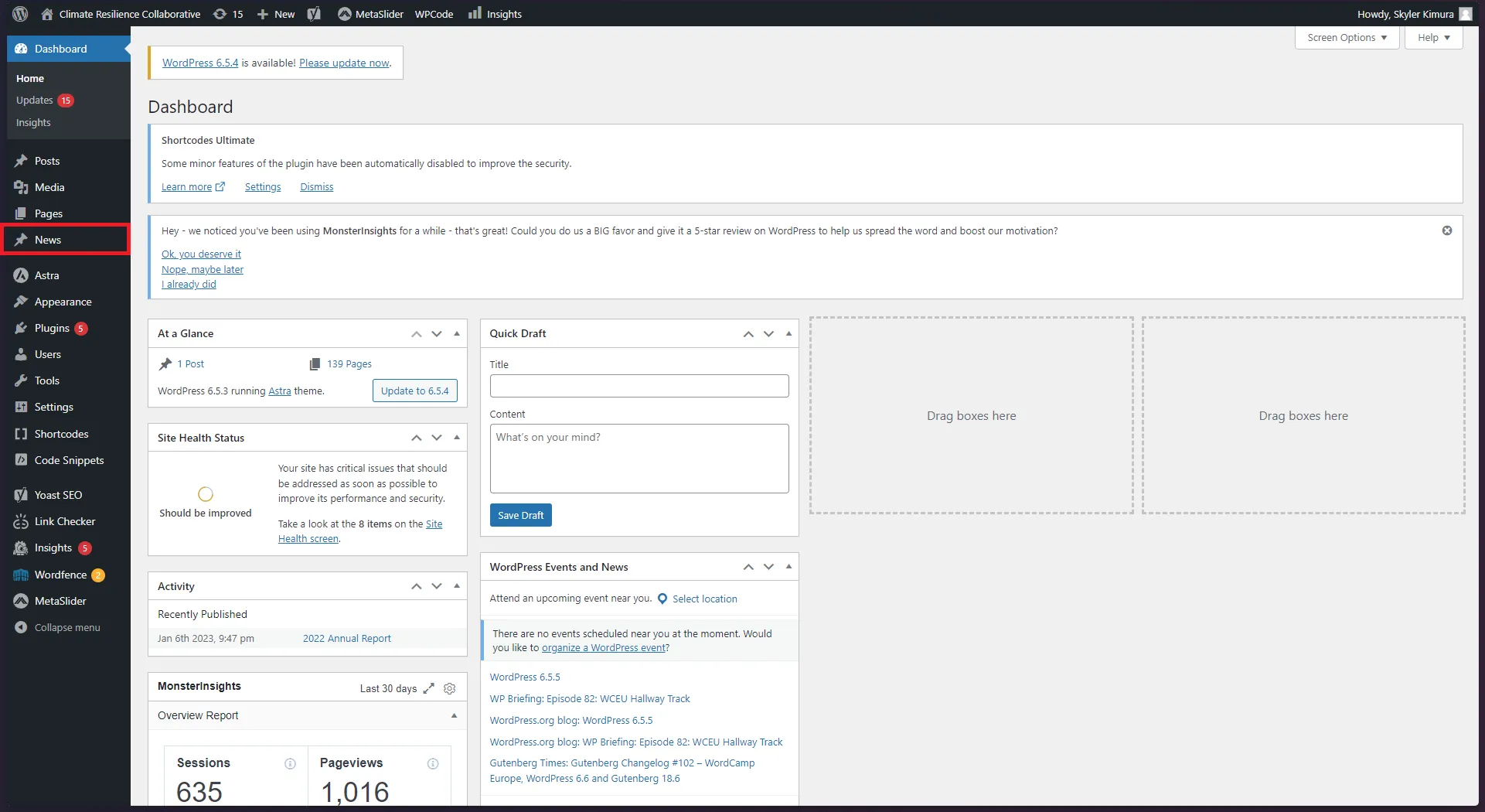 Wordpress Admin Dashboard