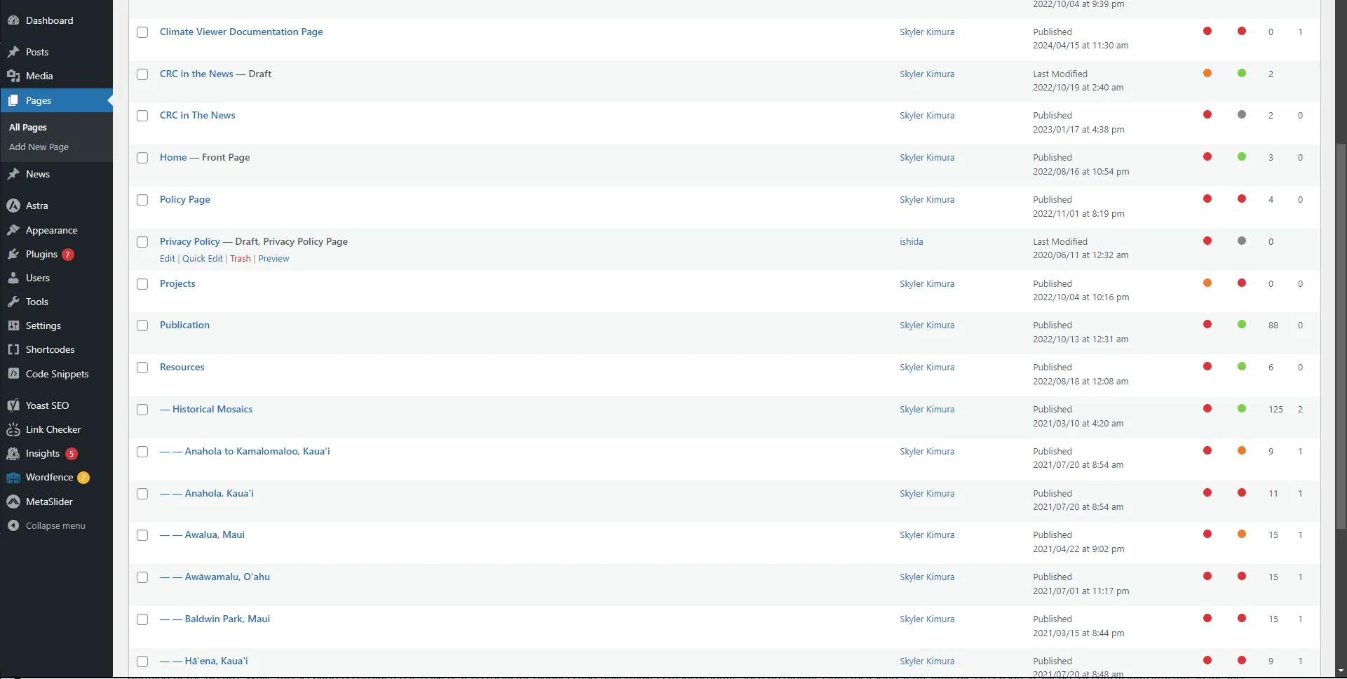 Wordpress Pages Dashboard
